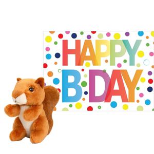 Pluche dieren knuffel eekhoorn 12 cm met Happy Birthday wenskaart