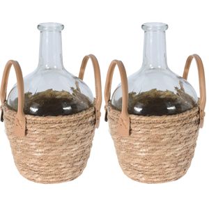 Set van 2x stuks flesvaas glas transparant met gevlochten rieten mand 20 x 31 cm