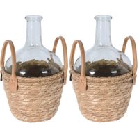 Set van 2x stuks flesvaas glas transparant met gevlochten rieten mand 20 x 31 cm