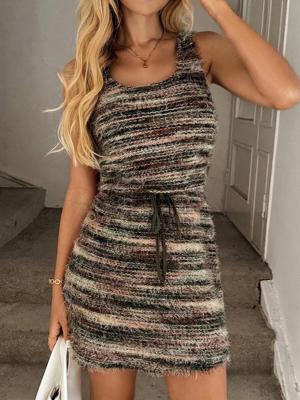 Women's Brown Plush Bodycon Dress - Sleeveless Knitted Short Dress Black / L