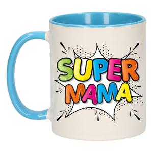 Cadeau koffie/thee mok voor mama - blauw - super mama - keramiek - 300 ml - Moederdag