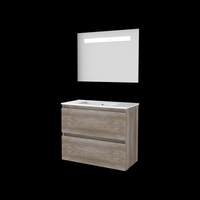 Basic Economic 39 badmeubelset met spiegel met geïntegreerde LED verlichting, greeploze wastafelonderkast met 2 lades en porseleinen wastafel met 1 - thumbnail