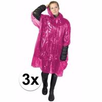 Wegwerp regenponcho - 3x - roze - voor volwassenen - met capuchon - budget line