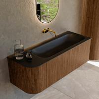 Mondiaz KURVE 125 cm Onderkast Greeploos 1 Lade Met Deuren Walnut, Wastafel Solid Surface Rechts Urban 0 Kraangaten Zonder Spiegel (KRVBGM125L1L1D0KR-Wal/Urb)