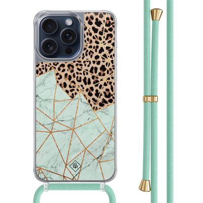 iPhone 15 Pro Max hoesje met mint koord - Luipaard marmer mint
