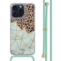 iPhone 15 Pro Max hoesje met mint koord - Luipaard marmer mint