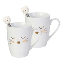 Koffiemok met lepel Catwoman - 2x - Katten/Poezen liefhebbers - Keramiek - wit - 350 ml - 8 x 11 cm