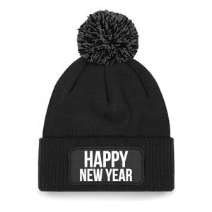 Happy New Year muts met pompon unisex - one size - zwart