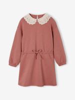 Meisjesjurk van sweaterstof met macramé kraag rozenhout
