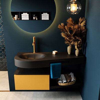 MONDIAZ RIVA 120cm badmeubel onderkast / planchet kleur Ocher met 1 lade. Wastafel DULCET links 1 kraangat kleur Urban. MONDIAZ RIVA 120cm badmeubel onderkast / planchet kleur Ocher met 1 lade. Wastafel DULCET links 1 kraangat kleur Urban.