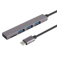 T-809B TF kaart lezer + 3 x USB 3.0 poorten naar USB-C / Type-C HUB Converter kabel lengte: 13 cm (grijs)