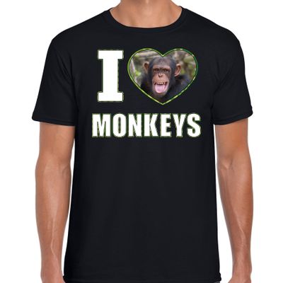 I love monkeys t-shirt met dieren foto van een Chimpansee aap zwart voor heren I love monkeys t-shirt met dieren foto van een Chimpansee aap zwart voor heren