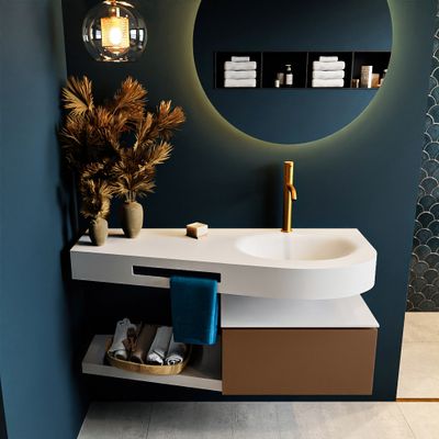 MONDIAZ RIVA 120cm badmeubel onderkast / planchet kleur Rust met 1 lade. Wastafel DULCET rechts 1 kraangat kleur Talc. MONDIAZ RIVA 120cm badmeubel onderkast / planchet kleur Rust met 1 lade. Wastafel DULCET rechts 1 kraangat kleur Talc.