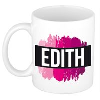 Naam cadeau mok / beker Edith  met roze verfstrepen 300 ml   -