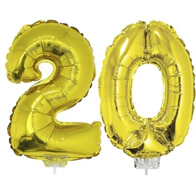 20 jaar leeftijd feestartikelen/versiering cijfer ballonnen op stokje van 41 cm 20 jaar leeftijd feestartikelen/versiering cijfer ballonnen op stokje van 41 cm