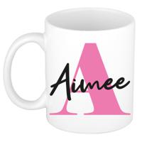 Naam mok Aimee - roze - wit - keramiek - 300 ml - verjaardag/cadeau beker