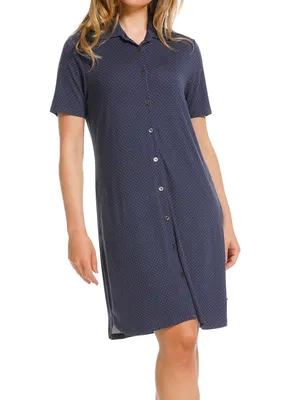 Dames nachthemd korte mouw knoopsluiting - NOS - Donkerblauw - Viscose