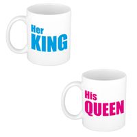 His queen en her king cadeau mok / beker wit met roze / blauwe blokletters 300 ml - feest mokken