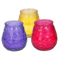 Arti Casa 6x stuks citronella Lowboy tafelkaarsen - 10 cm - geel-rood-paars glas Arti Casa 6x stuks citronella Lowboy tafelkaarsen - 10 cm - geel-rood-paars glas