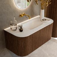 Badmeubel Mondiaz Kurve | 100 cm | Meubelkleur Walnut | Wastafelkleur Talc | Midden spoelbak | Zonder kraangaten
