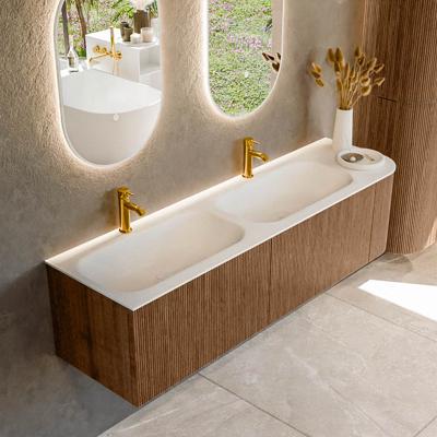 Mondiaz KURVE 165 cm Onderkast Greeploos 2 Lades Met Deuren Walnut, Wastafel Solid Surface Links Talc 2 Kraangaten Zonder Spiegel (KRVBGS165R2L1D2KD-Wal/Tal)