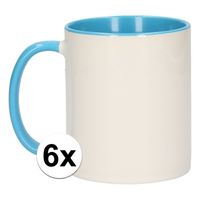6x Wit met lichtblauwe koffiemokken zonder bedrukking