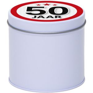 Cadeau/kado wit rond blik 50 jaar 10 cm