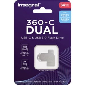 Integral 64GB 360-C Dual USB-C & USB 3.0 USB flash drive USB Type-A / USB Type-C 3.2 Gen 1 (3.1 Gen 1) Zilver