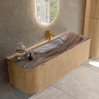 Badmeubel Mondiaz Kurve-Dlux | 135 cm | Meubelkleur Oak | Wastafelkleur Sombra | Solid surface | Wasbak rechter zijde spoelbak | 1 kraangat