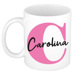 Naam mok Carolina - roze - wit - keramiek - 300 ml - verjaardag/cadeau beker