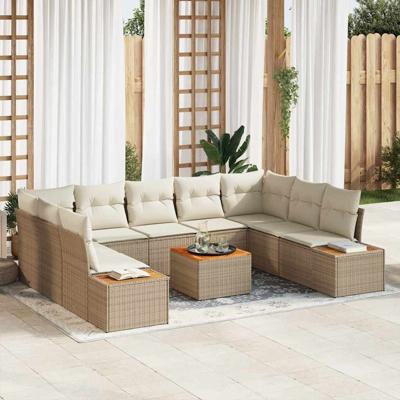 6-delige Tuinbankenset met kussens poly rattan acacia beige