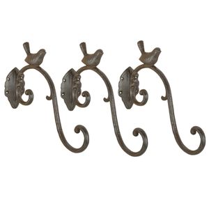 3x stuks muurhaken met dubbele sierkrul vogel 27 x 24 - gietijzer - hanging basket haak