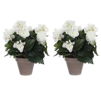 Mica Decoration Kunstplant - 2x stuks - begonia - wit - in pot - 30 cm - nepplanten