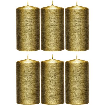 6x Gouden cilinderkaarsen/stompkaarsen 7 x 13 cm 25 branduren