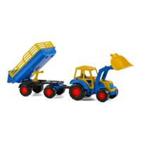Cavallino Toys Cavallino Tractor met Voorlader en Aanhanger Blauw - thumbnail