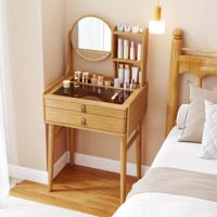 Kleine Make-up Tafel met Spiegel 60 cm Compacte Kaptafel met 2 Lades Open Planken Natuur