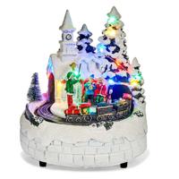 Kerstdorp kerst tafereel - rijdende trein - met led verlichting en muziek - 19 cm - thumbnail