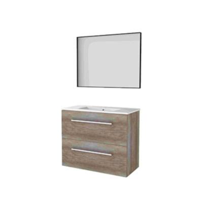 Basic-Line Framed 39 Badkamermeubelset - Ondiep - 80 x 39 cm - Met Grepen - 2 Lades - Keramische Wastafel - 1 Kraangat - Spiegel met Zwart Aluminium Frame - Scotch Oak