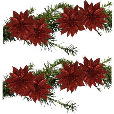Kerstboomversiering Bloemen - 8x stuks - 9 cm - rood glitter - op clip