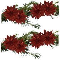 Kerstboomversiering Bloemen - 8x stuks - 9 cm - rood glitter - op clip