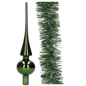 Glazen piek 26 cm glans - met kerstslinger 270 cm - donkergroen - kerstboompieken