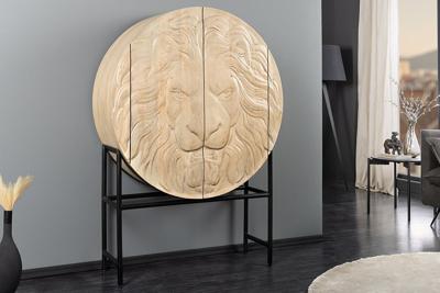 Massief Highboard LION 140cm Wit Mango Hout Metaal 3D Houtsnijwerk Kunstwerk - 45851