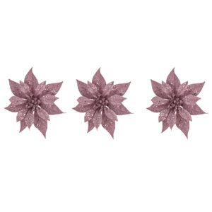 3x stuks decoratie bloemen kerstster roze glitter op clip 18 cm