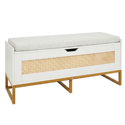 Rieten Opbergkist Schoenenbank 100 cm met Gestoffeerde Zitting Klepdeksel met Veiligheidsscharnieren Wit/Bruin-Wit