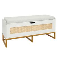Rieten Opbergkist Schoenenbank 100 cm met Gestoffeerde Zitting Klepdeksel met Veiligheidsscharnieren Wit/Bruin-Wit