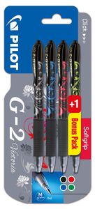 Pilot gelroller G-2 medium, blister van 4 stuks (3 + 1 GRATIS) in geassorteerde kleuren