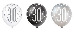 Ballonnen 30 Jaar Zwart en Zilver Glitz (6st)