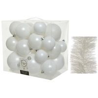 Kerstversiering kunststof kerstballen 6-8-10 cm met folieslingers pakket winter wit van 28x stuks