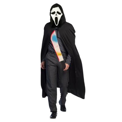 Carnaval Halloween verkleedkleding set - Scream masker - Cape met capuchon zwart - Groot mes