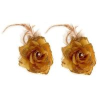 Haarbloem met veertjes - goud - 2x stuks - elastiek en klem